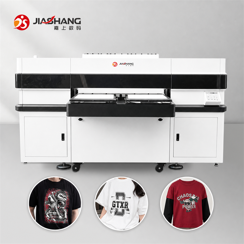 DTG-4050 direct-to-garment printer with printed T-shirt application examples