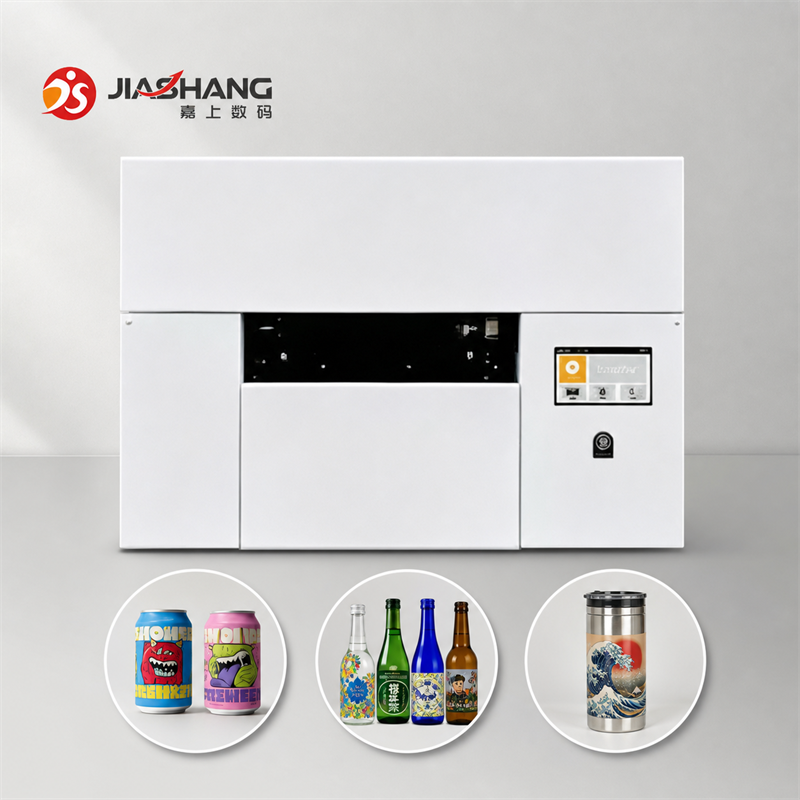 IUV03T02 cylindrical UV printer with printed cans bottles and tumblers