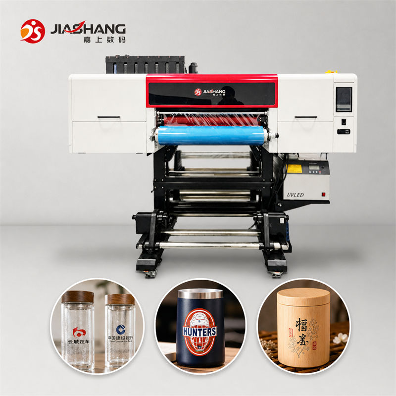 JS-6004 UV-DTF printer with glass tumbler and wood crystal label applications