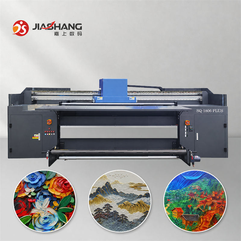 SQ-1806 industrial 3D texture UV printer with raised floral and landscape artwork