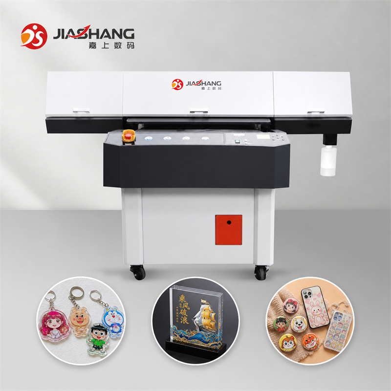 UV-6090 flatbed UV printer with acrylic keychain plaque and personalized gift applications