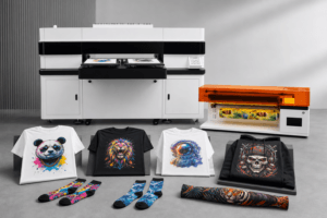 Digital garment and rotary textile printers with printed T-shirts, hoodie, socks and sleeves