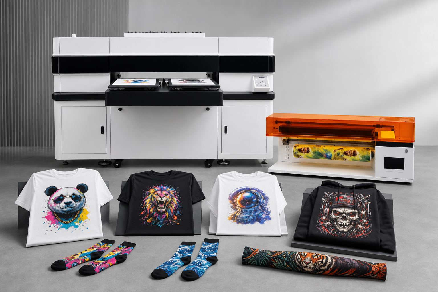 Digital garment and rotary textile printers with printed T-shirts, hoodie, socks and sleeves