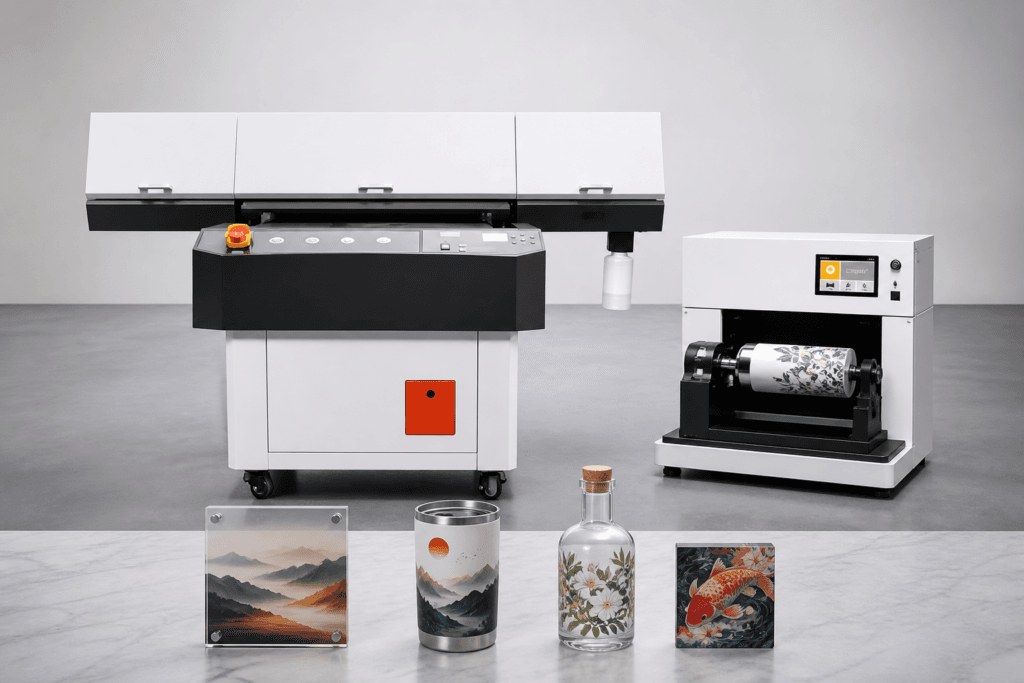 Flatbed UV printer and cylindrical UV printer with acrylic panels, bottles and tumblers
