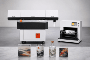 Flatbed UV printer and cylindrical UV printer with acrylic panels, bottles and tumblers