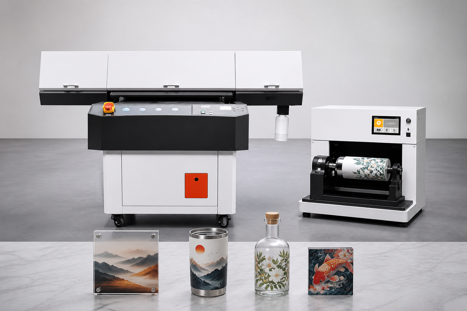 Flatbed UV printer and cylindrical UV printer with acrylic panels, bottles and tumblers
