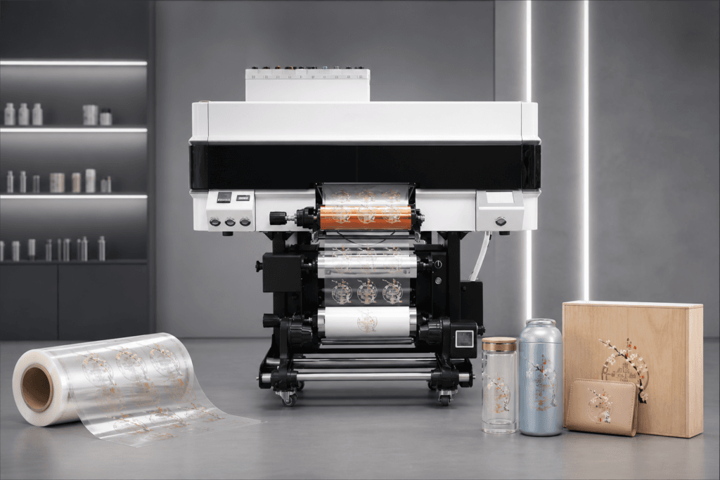 UV-DTF printer producing crystal label transfers for bottles, metal, leather, wood and other products