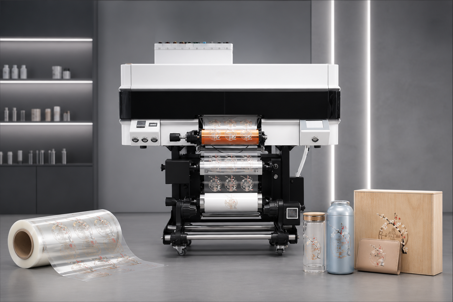 UV-DTF printer producing crystal label transfers for bottles, metal, leather, wood and other products